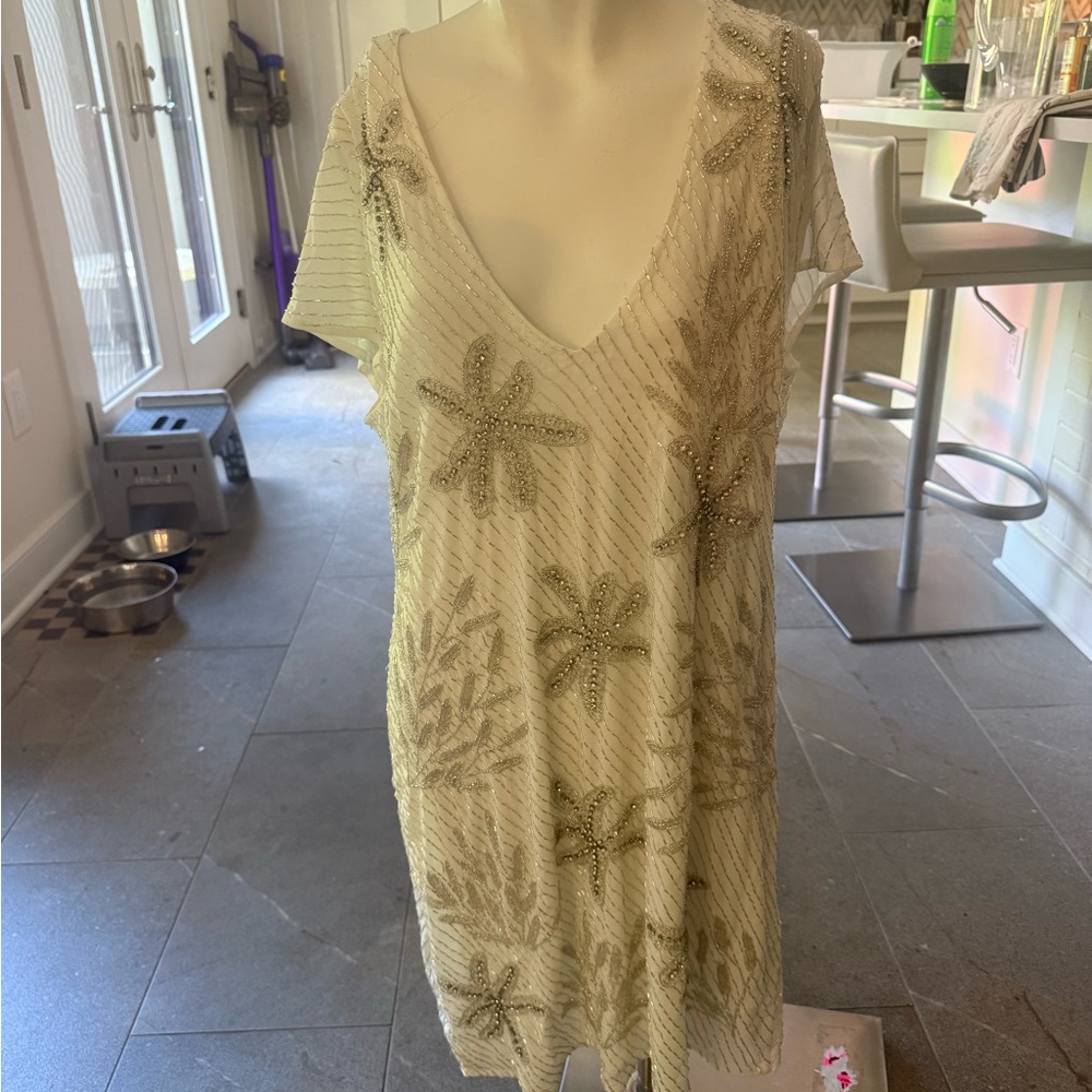 Embellished Cream V-Neck Swim Cover-Up